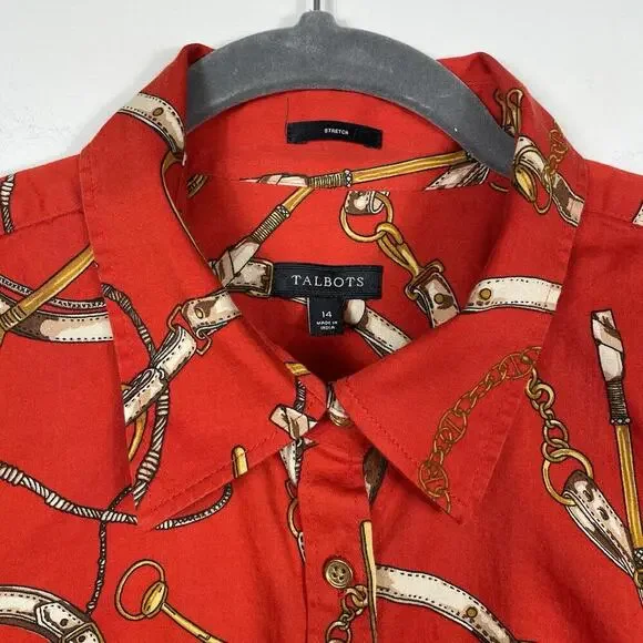Talbots Equestrian Shirt Women's 14 Red Button Up Horse Bridle Classic Old Money - Picture 5 of 10